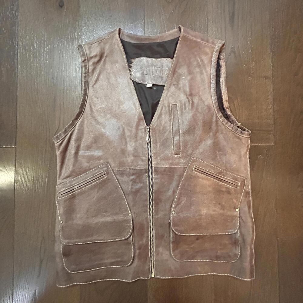 Leather Motorcycle Vest Rare TKO brown cowhide multi pockets front backpack